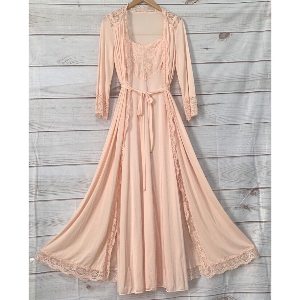 Vtg Rare OLGA Light Pink Blush Robe & Full Sweep Classic Nightgown Size Medium